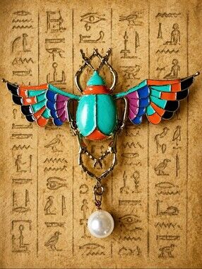 Winged Faux Pearl Enamel Scarab Brooch Signed S&M Pin Bug Insect Beetle NWOT